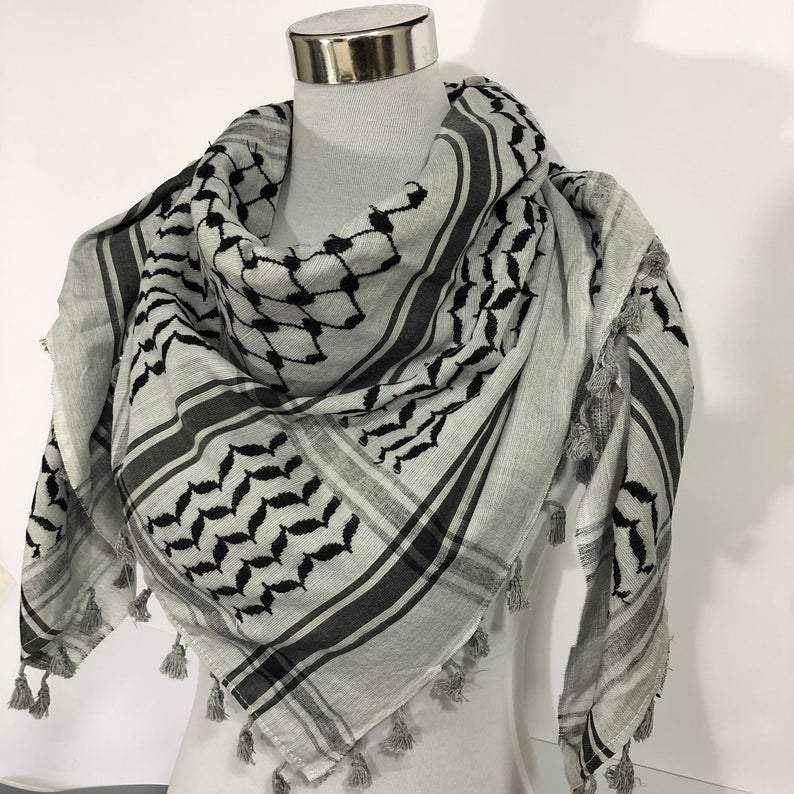 Luxury Bamboo Keffiyeh Scarf - Palestinian Pattern, Fringe Finishing - Man Occasional/Casual Wear - 120 cm x 120 cm - Charcoal/Grey - Cave